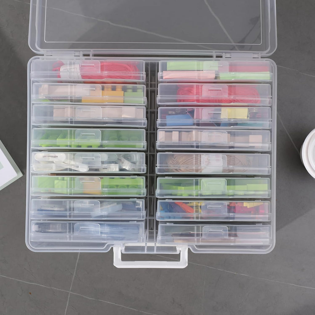 Novelinks Transparent Photo Cases - 4" x 6" Craft Keeper with Handle & 16 Inner Organizers | Clear Storage Box