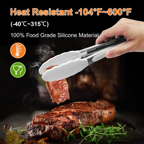 JIDSPWLS Premium Stainless Steel Heat Resistant Kitchen Tongs for cooking,set of 9" and 12" (White),Non Scratch Silicone cooking Tong Tip for Cooking Pans,Strong Grip BBQ tongs for Grabbing Hot Food