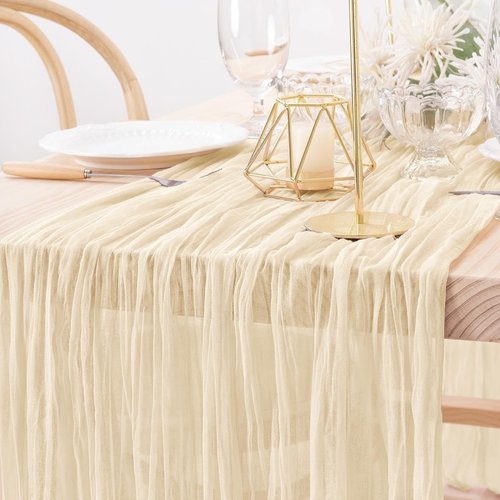 MLMW 6 Pack Beige Cheesecloth Table Runner - Boho Rustic Design | 160 Inch for Weddings & Events