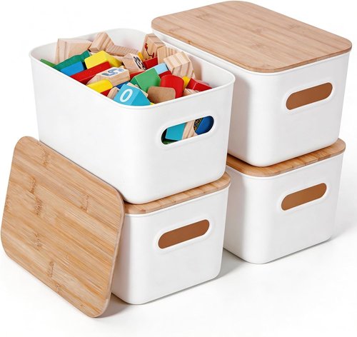 Citylife Storage Bins - Stackable 7QT Plastic Organizer Boxes with Bamboo Lids | 4-Pack, 10" L x 7" W x 5.8" H