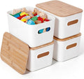 Citylife Storage Bins - Stackable 7QT Plastic Organizer Boxes with Bamboo Lids | 4-Pack, 10" L x 7" W x 5.8" H