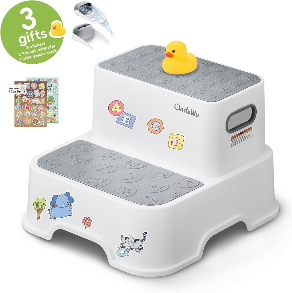 Skiennix 2-Pack Kids Step Stool - Non-Slip Bathroom & Kitchen Stool with Faucet Extender & Duck Toys | Heavy Duty 200lbs (Grey)