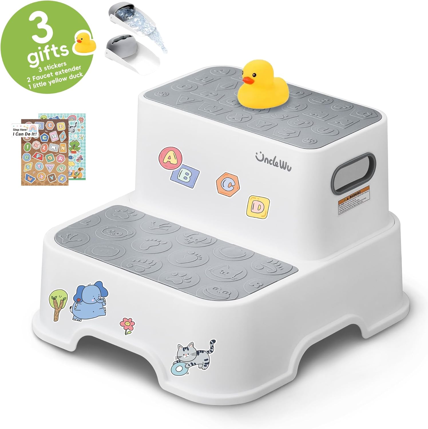 Skiennix 2-Pack Kids Step Stool - Non-Slip Bathroom & Kitchen Stool with Faucet Extender & Duck Toys | Heavy Duty 200lbs (Grey)