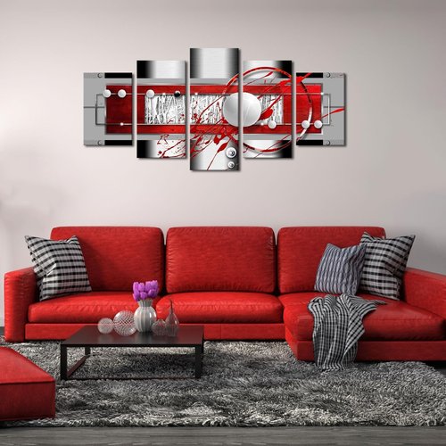 AWLXPHY Abstract Canvas Wall Art - Modern Red, Black & Grey Circle Design | 5-Piece Framed Set (60'' x 30'')