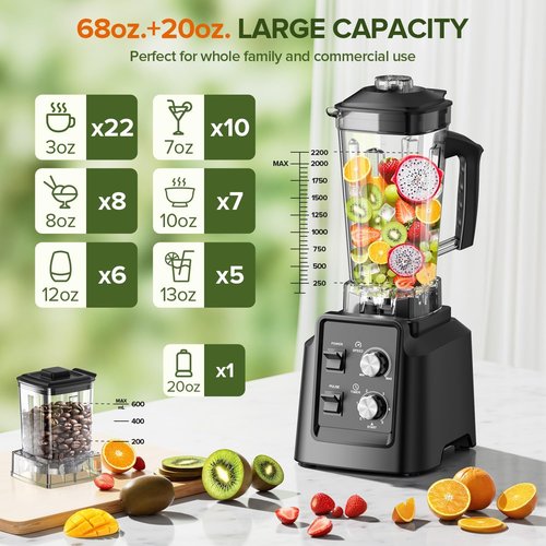 1800W Professional Blender by [Brand Name] - 6-Blade Smoothie Maker with Grinder, Self-Cleaning, 68oz & 20oz Jars