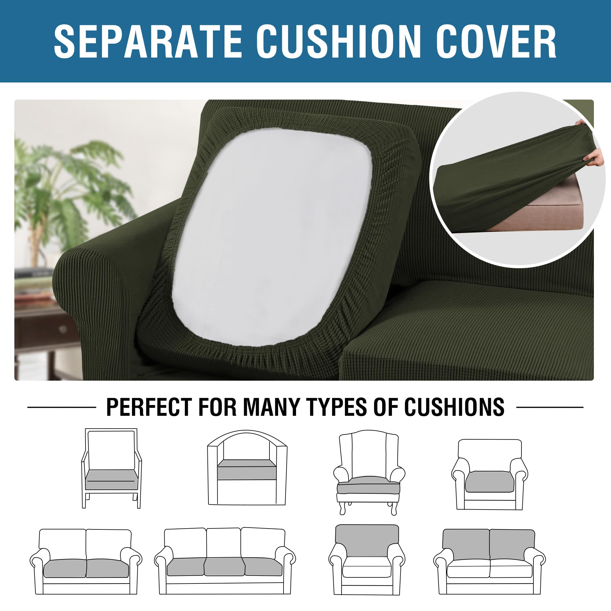 H.VERSAILTEX 4 Piece Stretch Sofa Covers for 3 Cushion Couch Covers for Living Room Furniture (Base Cover Plus 3 Seat Cushion Covers) Upgraded Thicker Jacquard Fabric (Sofa, Olive)