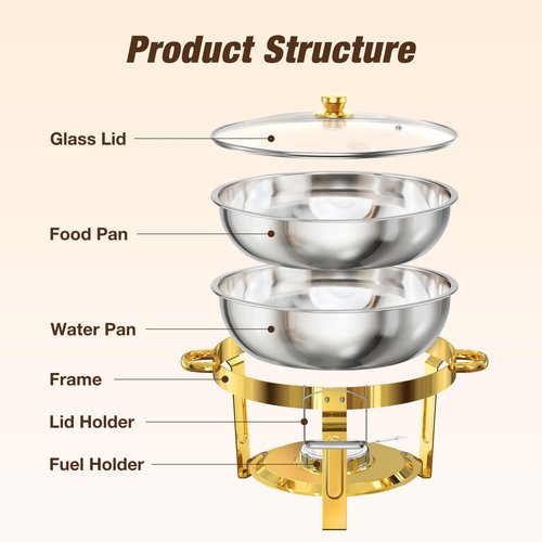 WARMOUNTS Gold Chafing Dishes for Buffet 4 Pack, 5QT Stainless Steel Round Chafers and Buffet Warmers Sets with Glass Lid & Lid Holder, Stackable Design, for Catering Events, Parties, Weddings