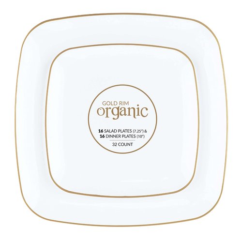 PLASTICPRO Square 128 Piece Combo Plates Set includes 64 x 7'' inch Plates & 64 x 10'' inch Dinner Plates White Plastic Gold Rim Design Party Plates, Premium heavyweight Elegant, Dishes,