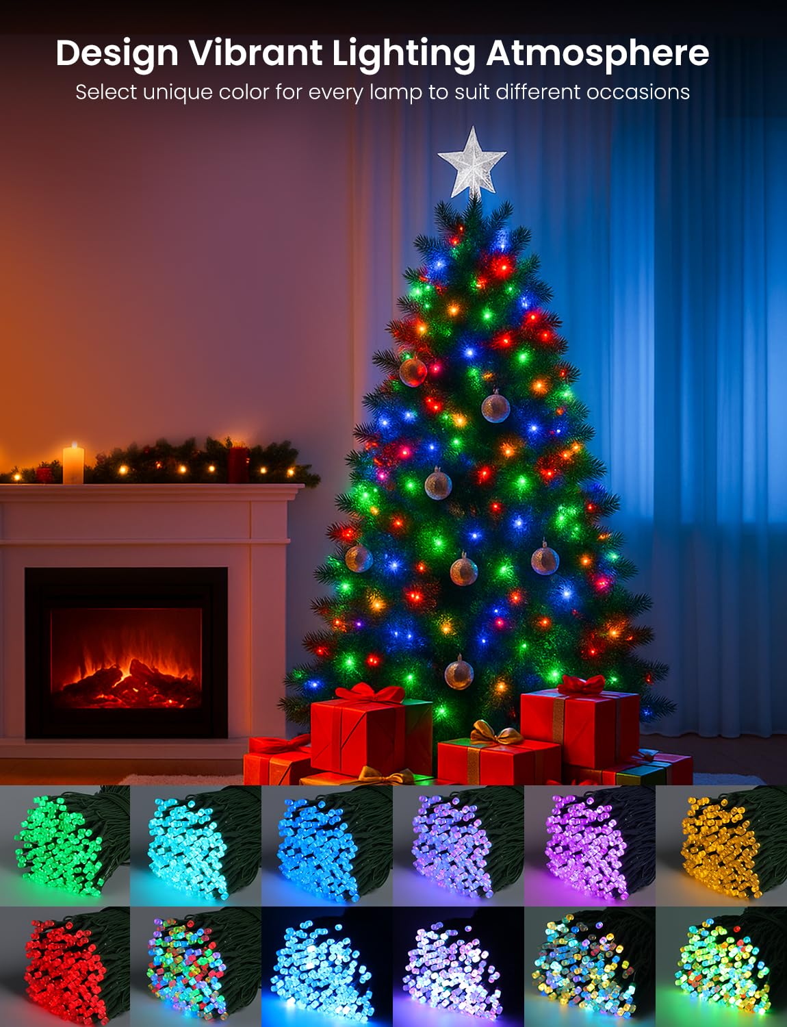YULINKCO Smart RGB+IC String Lights with 300 LED, 98 FT Indoor Color Changing Christmas Lights, APP & Remote Control, 84 Scenes, Music Mode, Christmas Tree Decor