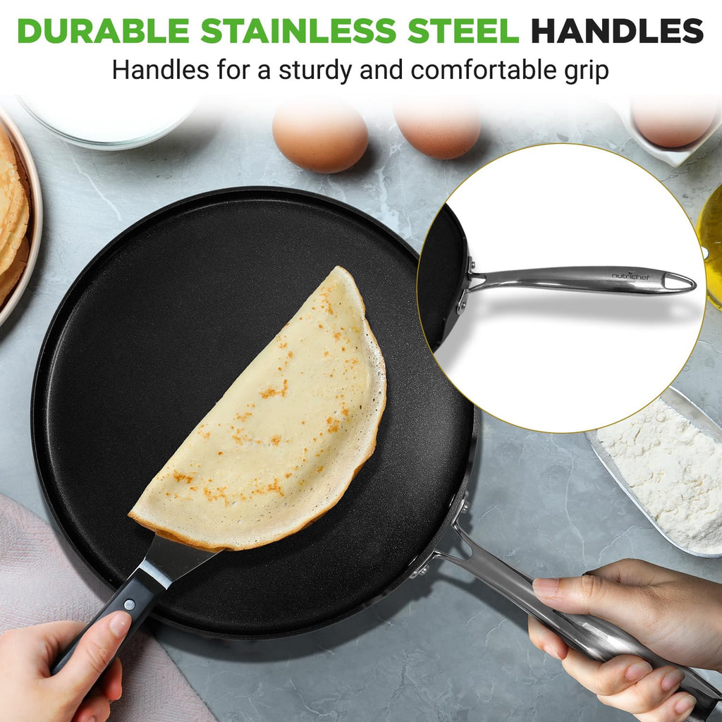 NutriChef 12 Inch Crepe Pan Non Stick, Ideal for Large Pancakes, Dosa, Chapati & Tortillas, Hard-Anodized, Dishwasher Safe