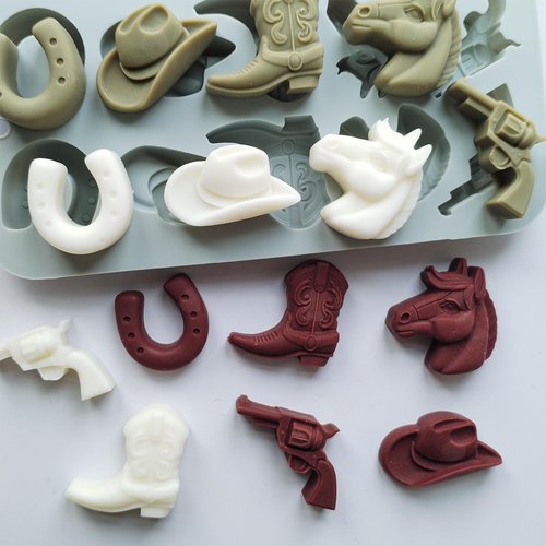 Japleed 2 Pack Cowboy Chocolate Molds, Western Themed Silicone Fondant Jelly Cupcake Cake Decoration Molds, Unique Cowboy Hat Boot Horse Shape Candle Soap Wax Epoxy Resin Mold for Crafts Baking Tool