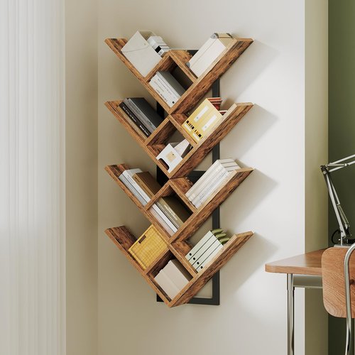 HOOBRO Floating Shelves for Wall, Set of 2 Wall Mounted Shelves, 2-Tier Wooden Tree Bookshelf, Hanging Shelves Storage Rack, for Living Room, Kitchen, Office, Rustic Brown and Black BF54BJP201