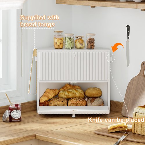 WOWLIVE Corner Bread Box for Kitchen Countertop, Large Vintage Bread Storage Container Bin for Homemade Bread, Double Layer Farmhouse Bread Holder for Kitchen, Cabinet, Pantry (White, Medium)