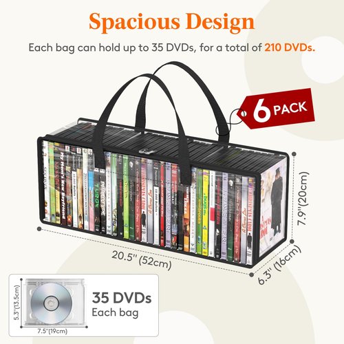 Lifewit DVD Storage Bags, Clear PVC DVD Case Holder with Handles, Front Window Zipper Design, Stackable Media Organizer for Blu Ray Disc, Movie Cases, VHS Box, Hold 210 Pcs DVDs (35 Each), 6 Pack