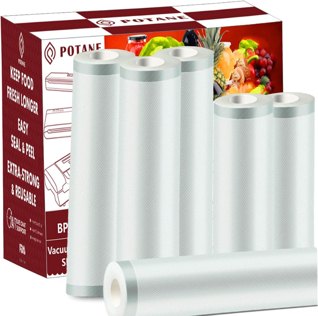 Potane Vacuum Sealer Bags - 6 Pack of Thickened, Smell-Proof & Puncture-Resistant Bags | 11"x20' & 8"x20'