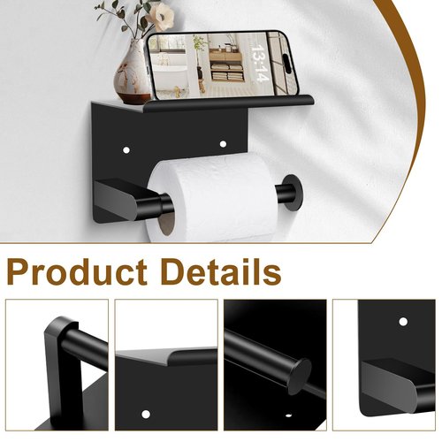 Bijotun Toilet Paper Holder with Shelf, Black - Compact for Small Bathroom, RV, Office, Easy 1 Min Installation, Rustproof Stainless Steel