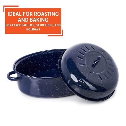 IMUSA USA 18" Traditional Vintage Style Blue Speckled Enamel on Steel Covered Oval Roaster