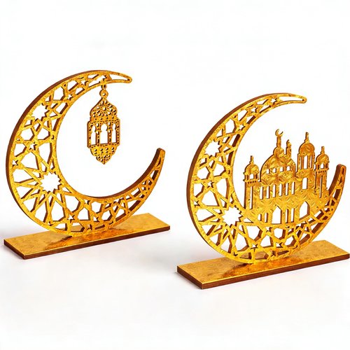 Ramadan Decorations, 2 Pieces Wood Ramadan Decorations for Home, Gold Islamic Crescent Moon & Mosque Table Sign, Ramadan Mubarak Kareem Home Decor Art Craft for Muslim, Eid Centerpieces Decor