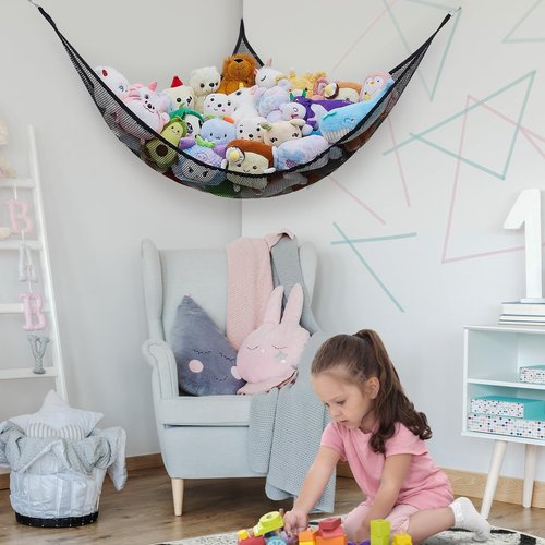 FIOBEE Stuffed Animals Net or Hammock Toy Storage Organizer Toy Hammock Net Bedroom Decor Hanging Storage with Hooks for Girl Kids Playroom Nursery, Black