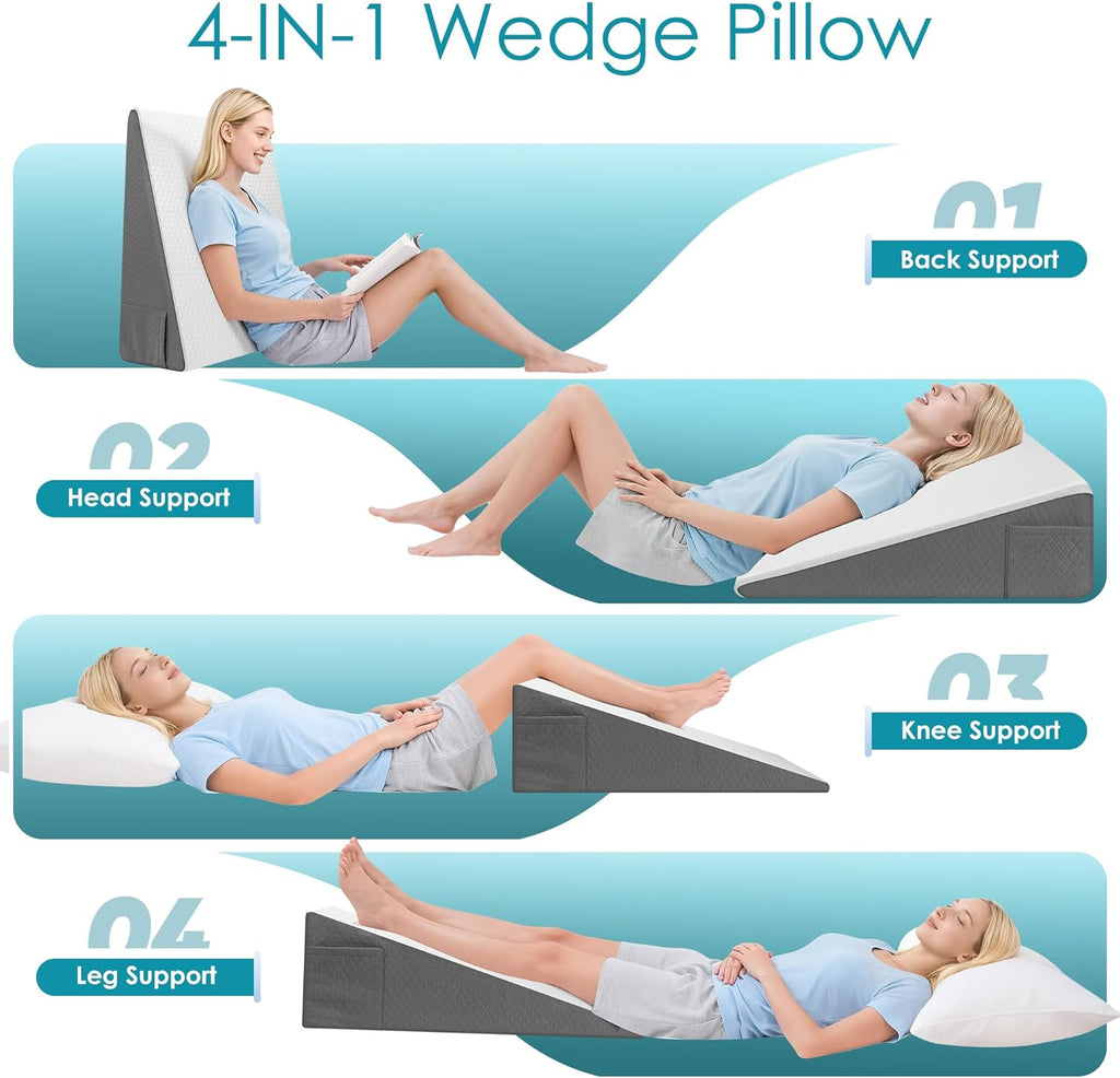 Skiennix Wedge Pillow - 8 Inch Cooling Memory Foam Bed Wedge for Back Support & Leg Elevation