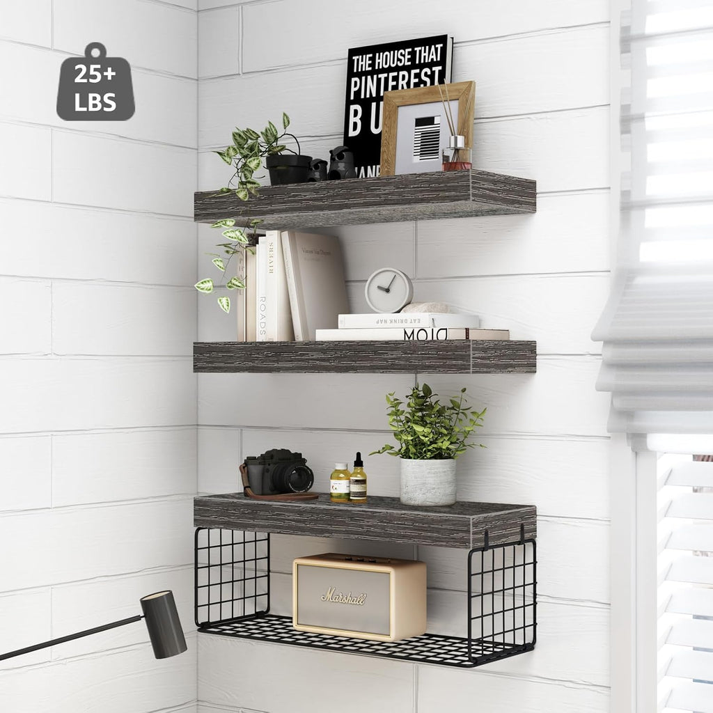 QEEIG Bathroom Shelves | Over Toilet Wall-Mounted Floating Storage - Set of 3 Grey 16-Inch Farmhouse Decor