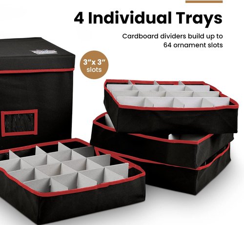 Holiday Cheer Premium Christmas Ornament Storage - 4 Tray Container for 64 Ornaments | Tear-Proof Fabric
