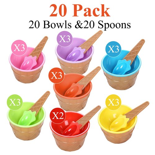 RICHSC-PAN 20 Pack Ice Cream Bowls, Cartoon Candy Color Ice Sundae Cups with Spoon. Multi-Color Reusable, Perfect for Summer Ice Cream Events and Gift Bags for Kids.