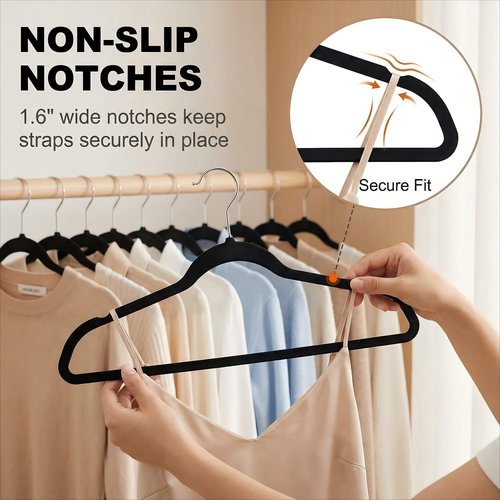 HOUSE DAY Black Plastic Hangers 60 Pack - Heavy Duty Non-Velvet Hangers with 360° Swivel Chrome Hook & Non Slip Notches - Slim Space Saving Clothes Hangers Ideal for Dresses Coats Shirts Jackets