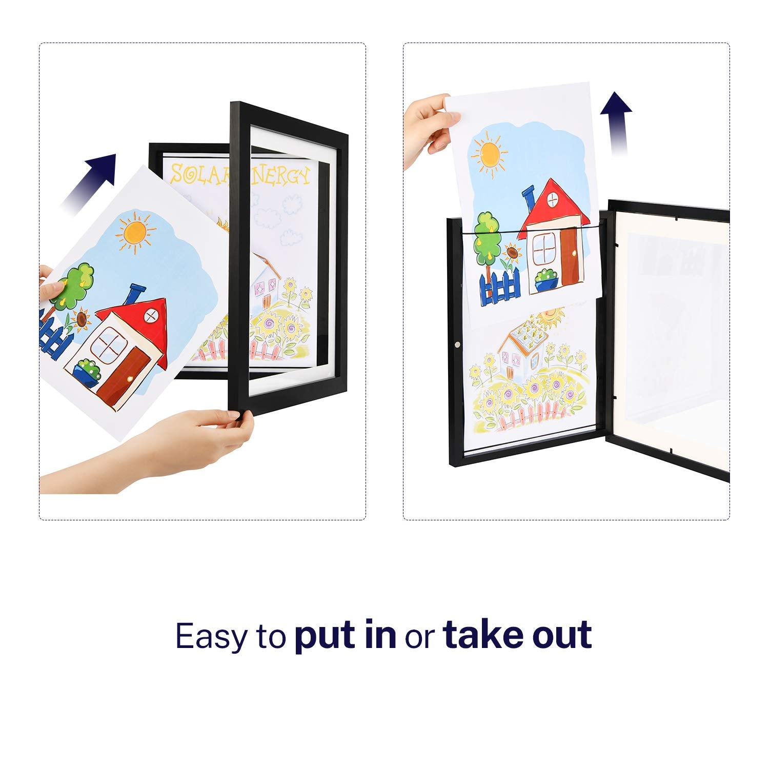 ONE WALL Kids Artwork Picture Frame Display 8.5x11 with Mat or 9.9x12.7 Without Mat, Black Wood Frame with Tempered Glass Front Opening for Kids Drawings, Artworks, Art Projects, Schoolwork, 2-Pack