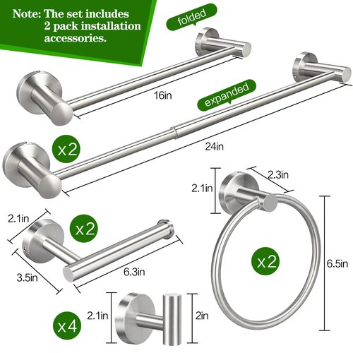 10pcs Brushed Nickel Bathroom Hardware Set, Including 2pcs 24in Retractable Hand Single Towel Bar with 2pcs Toilet Paper Holders, 2pcs Towel Rings 4pcs Multifunctional Robe Hooks