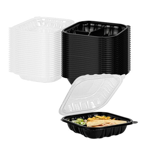 Thermo Tek 34 Ounce Clamshell Containers, 100 Disposable Take Out Boxes - 3 Compartments, Ventilated Lids, Black Plastic Meal Prep Containers, Microwavable, For Pasta Or Salads - Restaurantware
