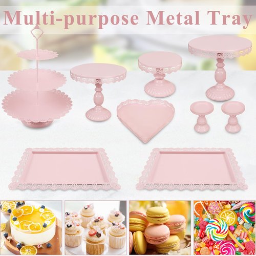 JALANCY Set of 9 Cake Stands Metal Cupcake Stand Set Multiple Styles Candy Fruit Display Tower Dessert Plate Cake Serving Tray for Birthday Party Wedding Anniversary Baby Shower Engagement (Pink)