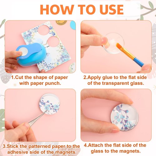 Honeydak 121 Pcs Fridge Glass DIY Magnets Making Kit Include 1.34-1.5inch Paper Punches Large Ferrite Magnets Maker with Clear Glass Cabochons for Craft DIY Refrigerator Magnet Office(Round)