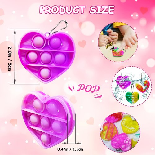 JUNQIU 30 Pack Valentines Day Gifts For Kids Classroom, Heart Pop It Keychain Bulk, Fidget Valentine For Toddler Class, Valentines Day Cards For Kids School Exchange