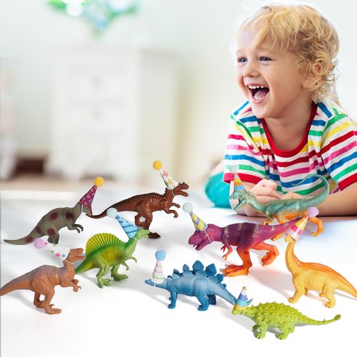 18 Pcs Dinosaur Birthday Party Decorations, Dinosaur Cake Toppers Mini Birthday Hat Animal Figure Model Cake Decoration with Mini Hat for Themed Birthday Party