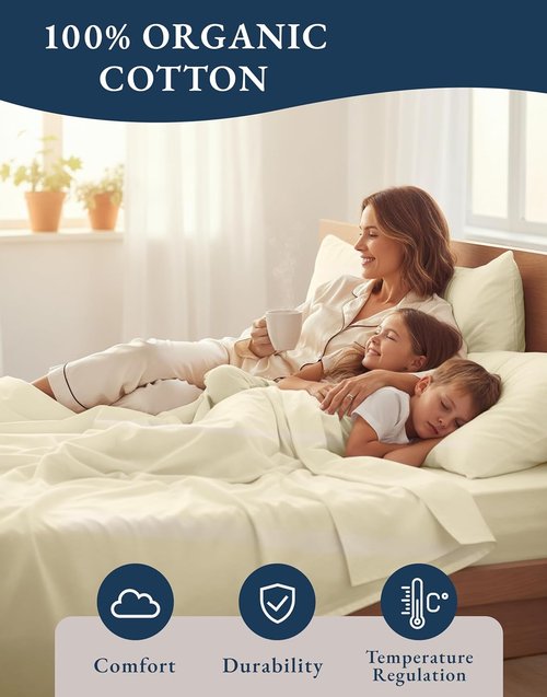 LANE LINEN 100% Organic Cotton Queen Sheets, 4Pc Cotton Sheets Set, Classic Percale Weave Bedsheets Queen Size Bed, Soft Breathable Sheet & Pillowcase Sets, Deep Pocket 15" - Natural