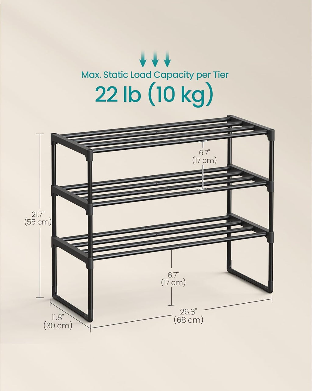 SONGMICS 3-Tier Shoe Rack - Stackable Metal Organizer for 8-12 Pairs | Black, 11.8 x 26.8 x 21.7 Inches