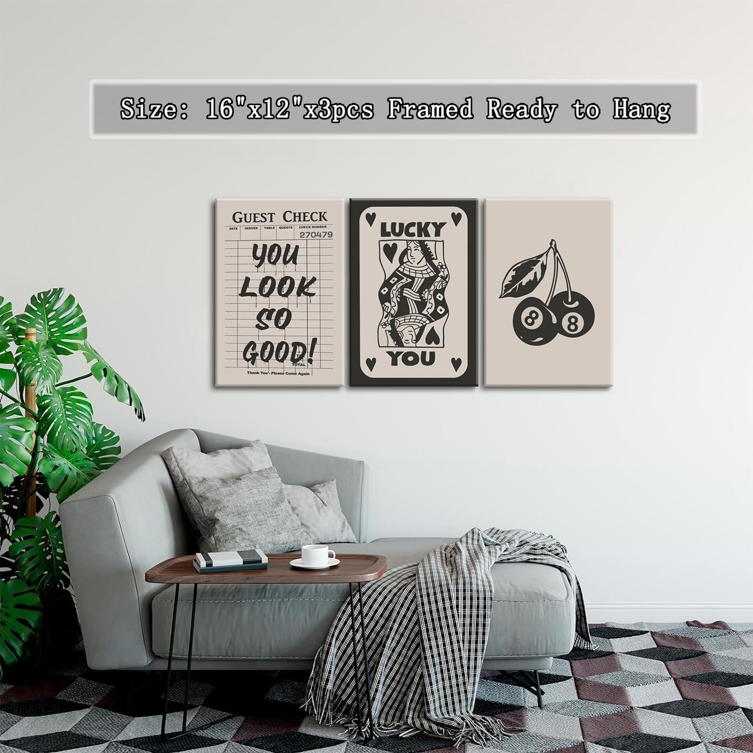 Skiennix Fashion Poker Canvas Wall Art Set of 3 - Vintage Queen & Lucky You Prints | Framed 12x16'' Decor for Bedroom & Living Room