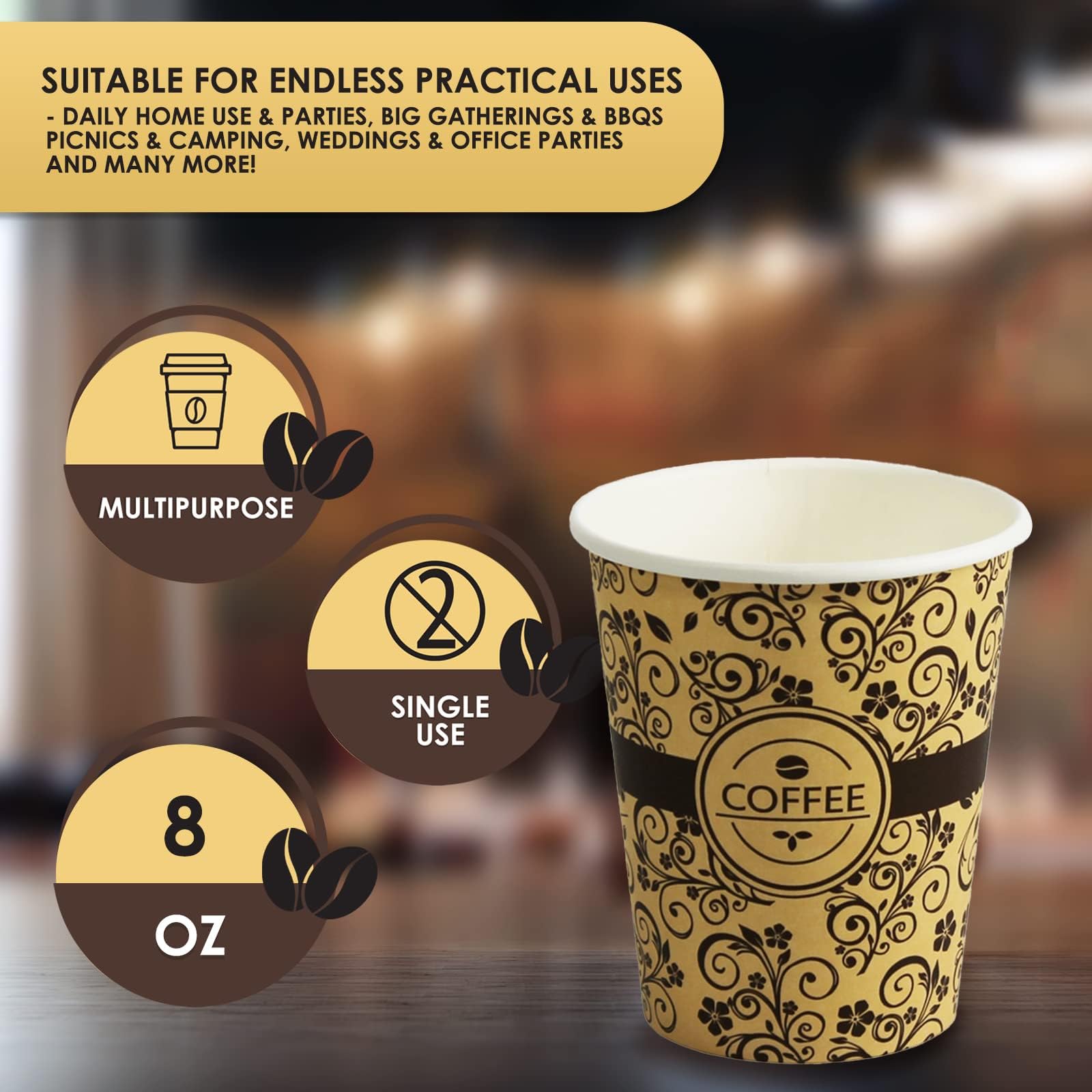 PAMI Disposable Coffee Cups, Single-Use Paper Cups, To-Go Hot Beverage Cups for Espresso Coffee Tea Hot Chocolate, Leak Resistant, Cafe & Home Use (1000, 8oz)