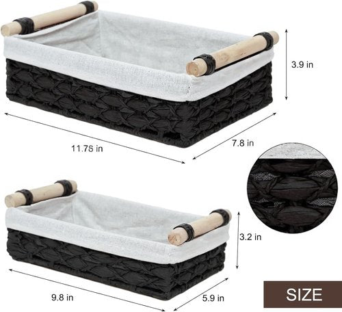 Baskets for Organizing, Set of 2 Black Paper Rope Bathroom Countertop Baskets with Liner, Woven Basket Organizer with Wooden Handles for Vanity, Counter, Shelf Storage