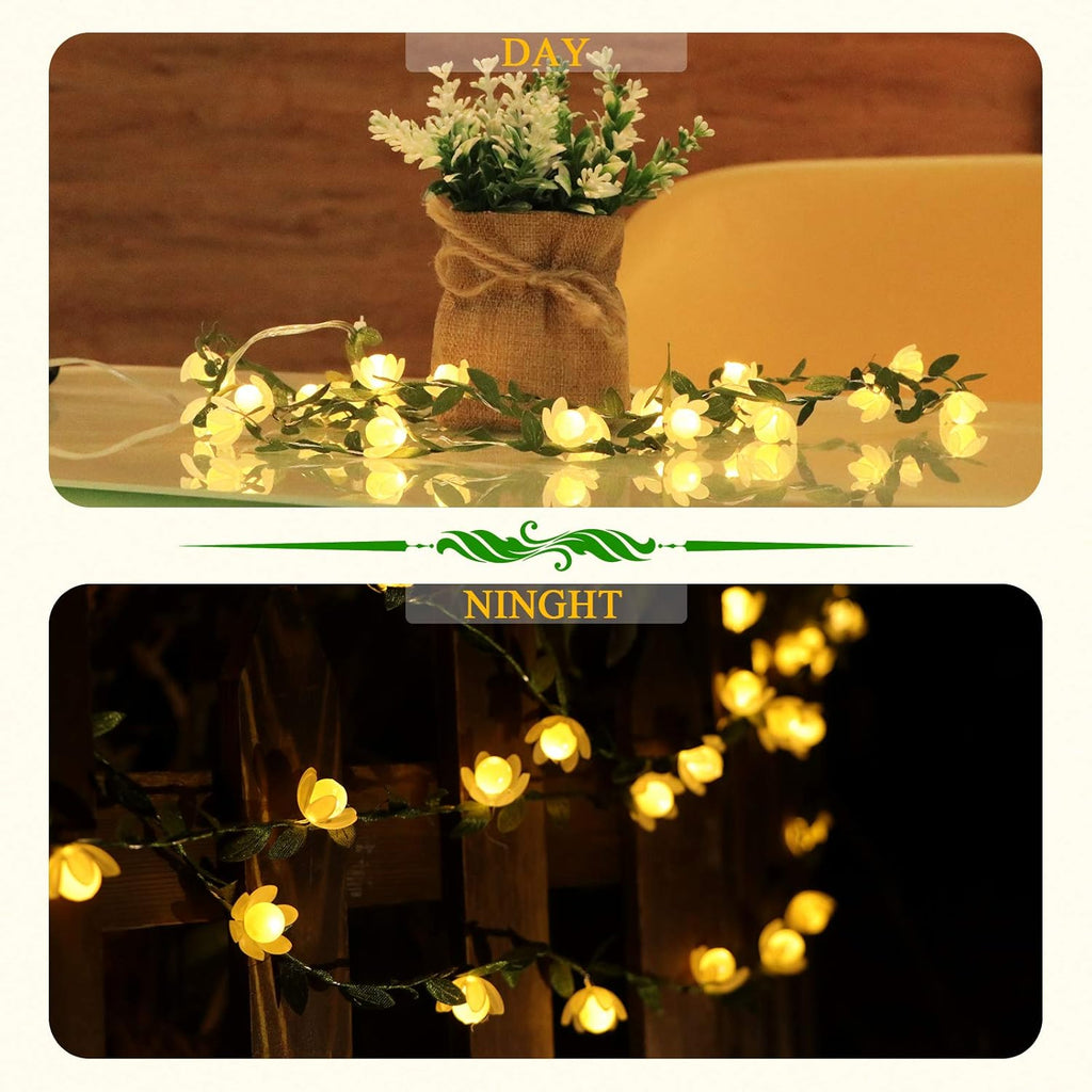 Vigdur Fairy String Lights - 2-Pack Tiny Leaf Garland with White Flowers, 15.2FT, 50 LEDs for Indoor/Outdoor Décor