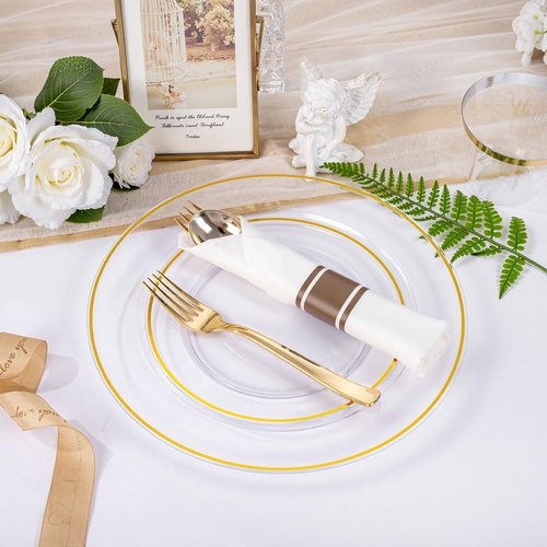 SUT 350 Pcs Gold and Clear Plastic Dinnerware Set for 50 Guests, Include: 50 Dinner Plates, 50 Dessert Plates, 50 Pre Rolled Napkins With Silverware, 50 Cups, Disposable Plates for Party, Wedding