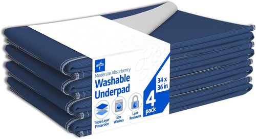 Medline Washable Bed Pads - Large 34 x 36 Inch Reusable Underpads for Incontinence | 4 Pack, Navy & Gray