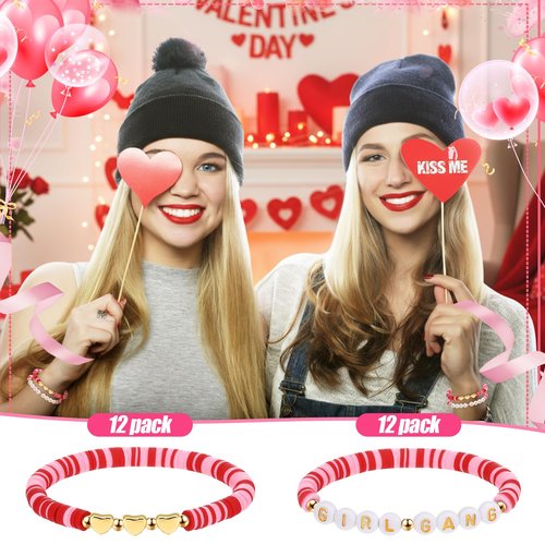 Kigeli 24 Pcs Galentines Day Bracelets Gift Bulk Girl Gang Valentines Gifts Polymer Clay Beaded Galentines Gang Bracelets Valentine Party Favors for Women Sleepover Goodie Bag Stuffers(Pink, Red)