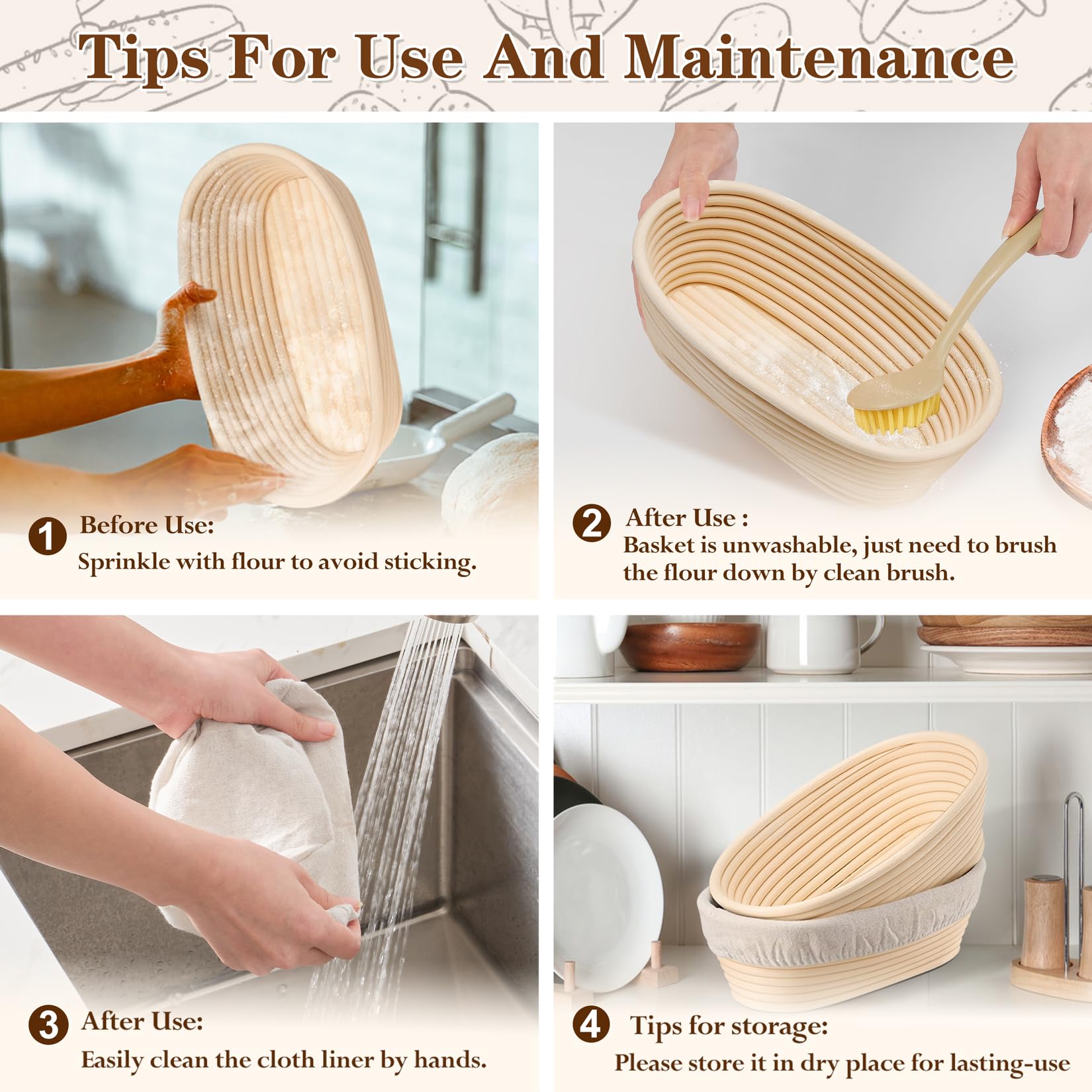 P&P CHEF Sourdough Bread Proofing Basket Set of 2, 10 Inch Oval Dough Proofing Bowls, Sourdough Bread Baking Supplies for Bakers, Handmade Rattan Baskets with Cloth Liner