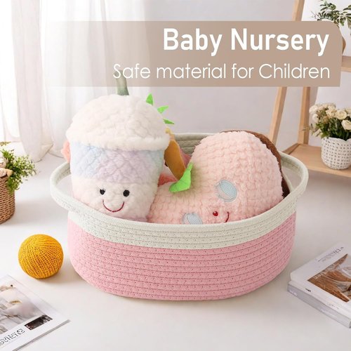 JMvicyroam Woven Basket - Small Rope Storage Bin with Handles & Ribbon | 2-Pack White & Pink Gift Organizer for Shelves and Closets