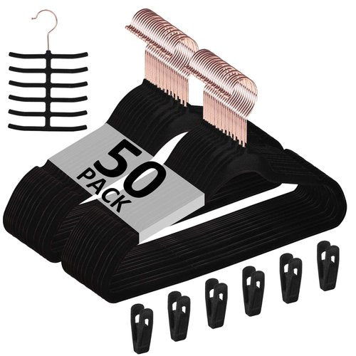 VECELO Premium Velvet Clothes Hangers Suit Heavy Duty (50 Pack)-Non Slip & Space-Saving with 6 Finger Clips & Tie Rack Excellent for Men and Women,Black