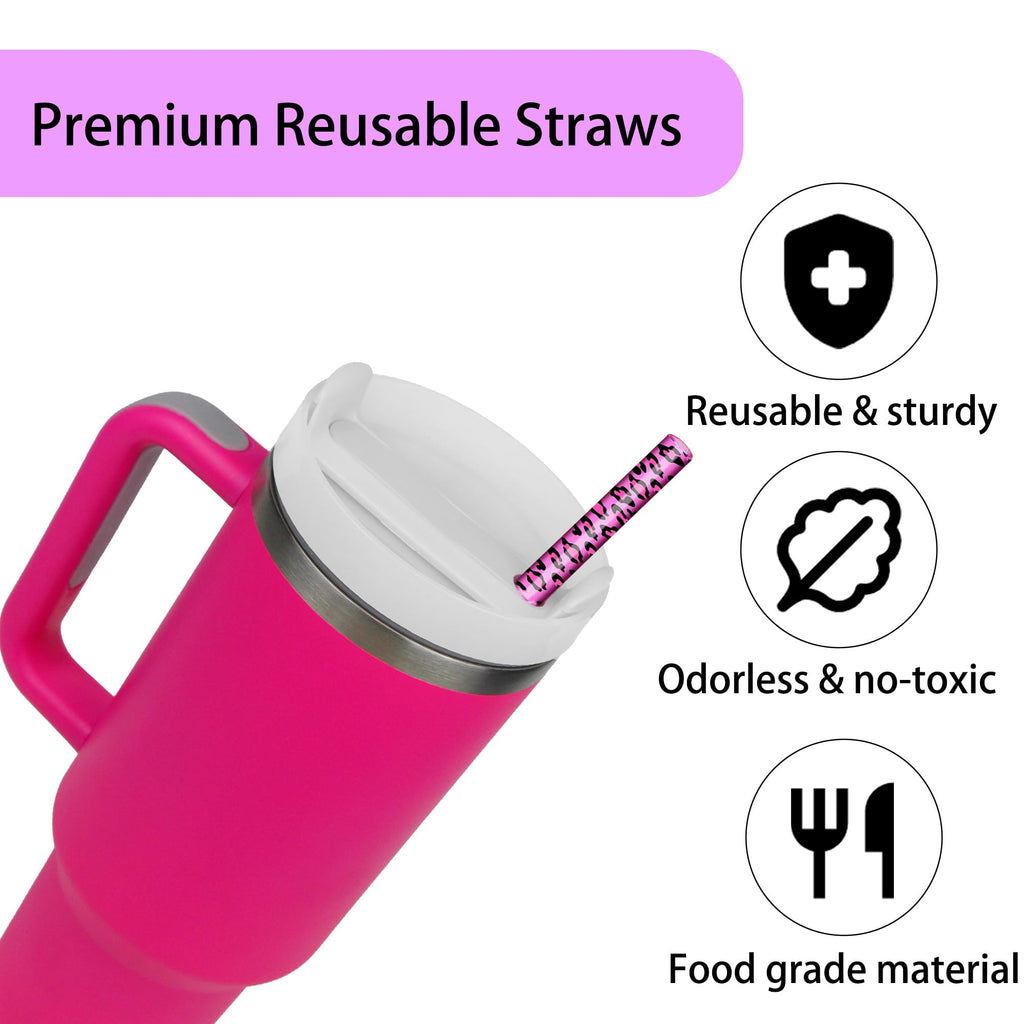 Replacement Straw for Stanley Cup 40 oz 30 oz, 12 Inch Reusable Extra Long Plastic Straws, 10 Pack with Cleaning Brush, Compatible with Stanley Cup Accessories – Leopard