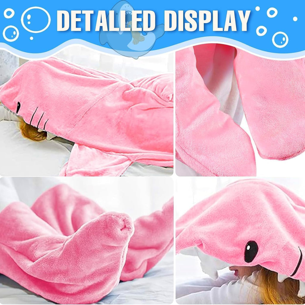 Shark Blanket Hoodie Onesie for Adult Kids, Cozy Flannel Throw Wearable Blanket, Cartoon Animals Shark Onesie Shark Costume (Pink, Large)
