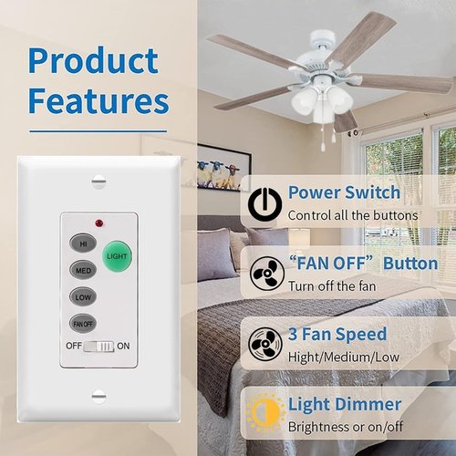 Nexete Universal Ceiling Fan Remote Control Kit,3 Fan Speed, Light Dimmer,Small Size Receiver & Wall Remote Control Replacement for Hampton Bay Harbor Breeze Hunter (Remote & Mini Receiver)
